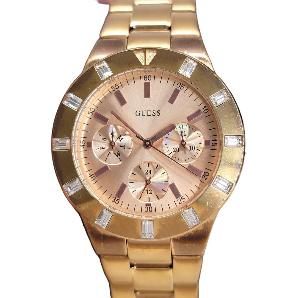 Guess Waterpro Womens Watch Rose Gold Tone Baguette Crystal Bezel Day Date